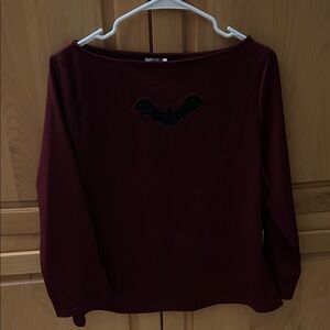 Unique Vintage Maroon Long Sleeve Top with Black Bat Cutout